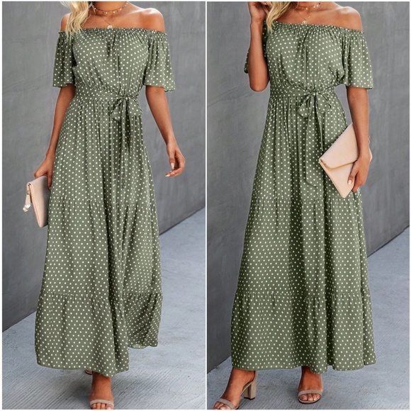 Boho polka dot off shoulder Belted Maxi dress - Picture 3 of 3
